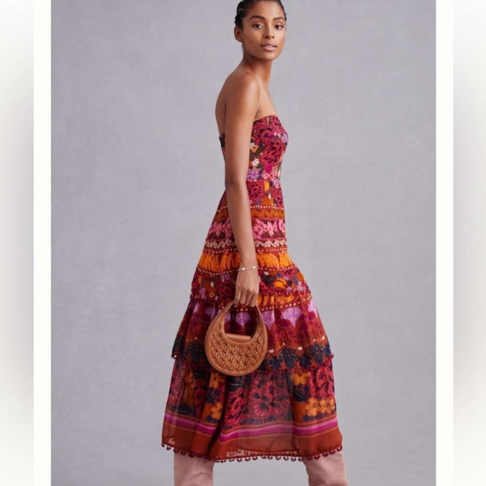 FARM Rio Strapless Floral Maxi Dress in Fuchsia, Orange and Burgundy